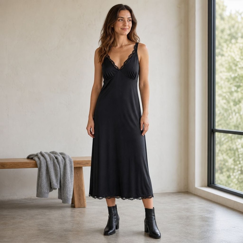 Vintage Slip Dress Women M/L Black Lace Trim Whimsigoth Gothic Grunge